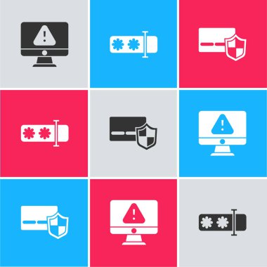 Monitörü ünlem işareti, parola koruması ve kredi kartı simgesi ile ayarla. Vektör