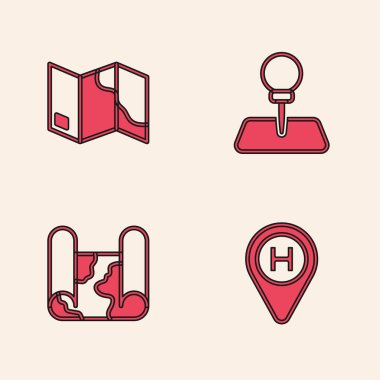 Helikopter iniş pistini, katlanmış haritayı, iğne ve simgeyi ayarla. Vektör