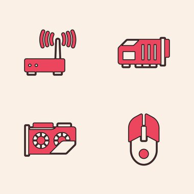 Bilgisayar faresi, Router ve wi-fi sinyalini, görüntü kartı ve simgeyi ayarla. Vektör