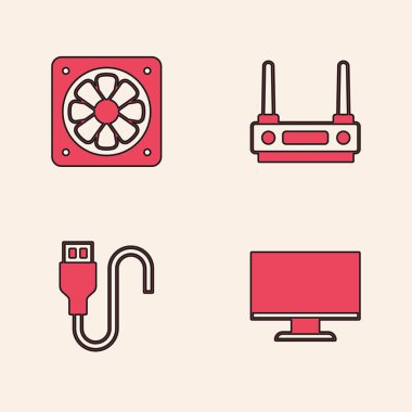 Bilgisayar monitörü ekranını, soğutucuyu, Router ve wi-fi sinyalini ve USB kablo ikonunu ayarla. Vektör