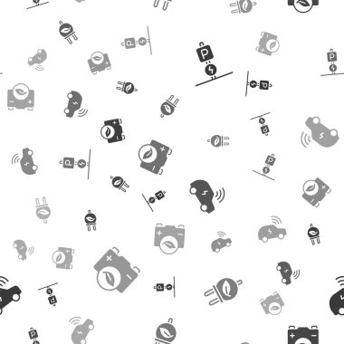 Otoparkı şarj eden elektrikli arabayı, elektrik tasarrufu yapan yaprağı, akıllı sistemi ve eko doğa bataryasını kusursuz desene ayarlayın. Vektör