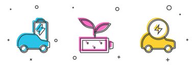 Elektrikli araba, Eco Doğa Yaprağı Bataryası ve ikonu. Vektör