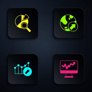 Grafik grafiği, arama veri analizi, finansal büyüme ve monitörü ayarla. Siyah kare düğme. Vektör