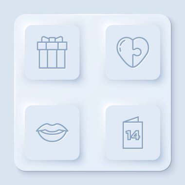 Hediye kutusu, kalp, gülen dudaklar ve tebrik kartı. Beyaz kare düğme. Vektör