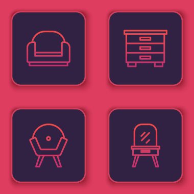 Hat koltuğu, mobilya sehpası ve makyaj masası. Mavi kare düğme. Vektör