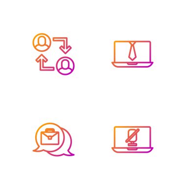 Dilsiz mikrofonu dizüstü bilgisayara, çevrimiçi çalışmaya, Proje ekibi üssüne ve görüntülü sohbet konferansına ayarla. Renk simgeleri. Vektör