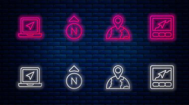 Satır pusulasını, dünyadaki konumu, konum işaretleyici ve GPS haritalı dizüstü bilgisayarı ayarla. Tuğla duvarda parlayan neon simgesi. Vektör