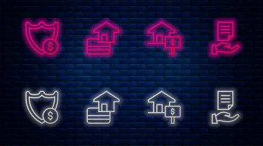 Sınırlı kredi kartı, dolarlı ev, kalkan ve kontrat. Tuğla duvarda parlayan neon simgesi. Vektör