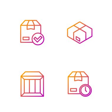 Çizgiyi saat, karton karton, aksesuar ve işaretli karton kutuyla ayarla. Renk simgeleri. Vektör