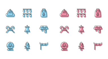 Noel kar küresi, ağaç, pasta, neşeli maske, mutlu zil, kış eşarbı, şeker kamışı ve ışık ikonu. Vektör