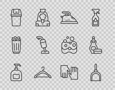 Sıvı sabun, faraş, elektrikli ütü, elbise dolabı, çöp tenekesi, elektrikli süpürge, lastik eldiven ve bulaşık şişesi ikonu. Vektör