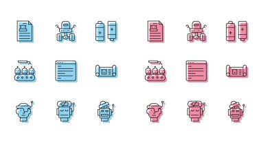 Akıllı gözlükler, düşük akü şarjı, teknik özellikler, bilgisayar api arayüzü, plan, endüstriyel robot üretimi ve Mars gezgin ikonu. Vektör