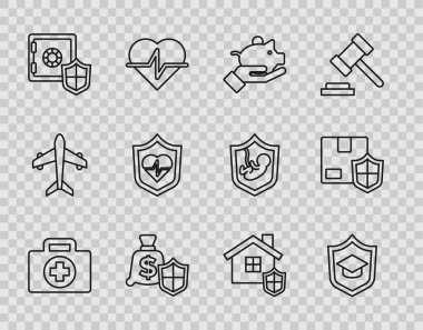 İlk yardım çantası, rozetli mezuniyet şapkası elinde kumbara, para, kasa, hayat sigortası, House and Delivery güvenlik ikonu. Vektör