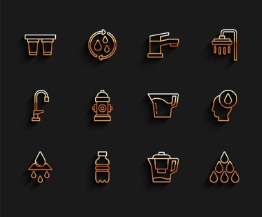 Hat, temiz su, bir şişe su, su filtresi, sürahi, damla, yangın musluğu ve sürahi cam ikonu ayarlayın. Vektör