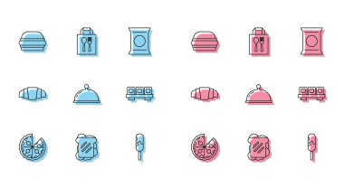 Pizza, Sandviç, Burger, Dondurma, tepsiyle kaplı, kesme tahtasında suşi, kruvasan ve online sipariş ikonu. Vektör