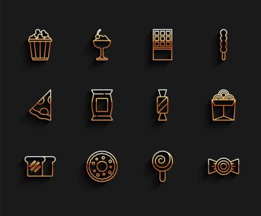 Ekmek tostu, çörek, kutuda patlamış mısır, lolipop, şeker, patates cipsi, erişte ve ikon. Vektör