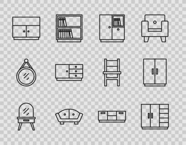 Sıra sıra giyinme masası, gardırop, kanepe, göğüs çekmecesi, mobilya sehpası ve ikon. Vektör