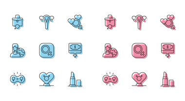 Cinsiyet eşitliği, kadın için çalışma, ruj, kadın cinsiyeti, para yetiştiren kadın, farklı ülkelerden kadınlar ve üreme sistemi ikonu. Vektör