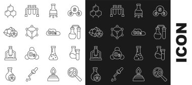 Çizgi mikroorganizmaları büyüteç, test tüpü, molekül, radyoaktif, kimyasal formül ve karbondioksit emisyonlarını bulut simgesine göre ayarla. Vektör