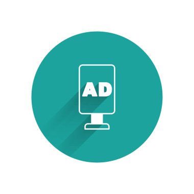 Beyaz reklam simgesi uzun gölgeli izole edilmiş. Pazarlama ve tanıtım süreci kavramı. İlgili reklamlar. Sosyal medya reklamcılığı. Yeşil daire düğmesi. Vektör.