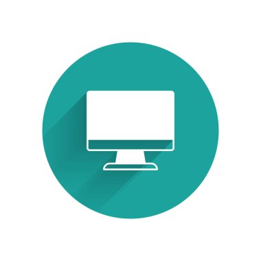 Beyaz Bilgisayar ekran simgesi uzun gölge arkaplanı ile izole edildi. Elektronik cihaz. Ön manzara. Yeşil daire düğmesi. Vektör
