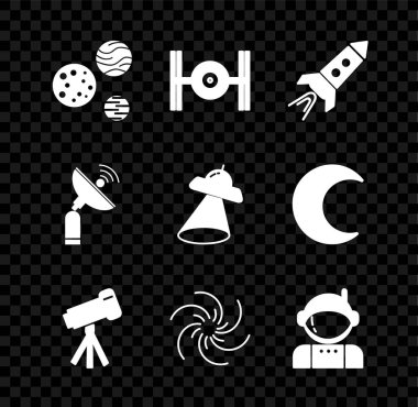 Gezegen, Kozmik Gemi, Ateşli Roket, Teleskop, Kara Delik, Astronot, Radar ve UFO uçan uzay gemisi ikonu. Vektör
