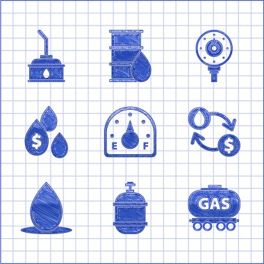 Motor benzin göstergesini, propan tankını, benzin deposunu, petrol borsasını, su transferini, dönüşümünü, düşüşünü, dolar sembolünü ve motor makine yağı ikonu için teneke kutuyu ayarlayın. Vektör