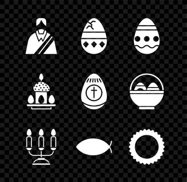 Hazreti İsa, yumurta, Paskalya, şamdanlı Candelabrum, Hristiyan balığı, güneş, pasta yumurtası ve ikon. Vektör