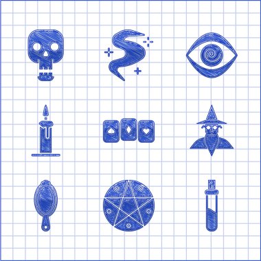 Oyun kartları, pentagram çemberi, aşk iksiri şişesi, büyücü büyücüsü, sihirli el aynası, yanan mum şamdanı, Hipnoz ve Kafatası ikonu. Vektör