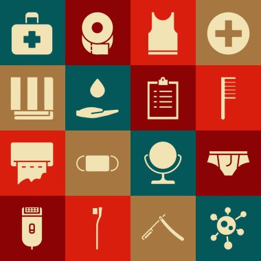 Virüs, iç çamaşırı, saç fırçası, kolsuz tişört, sabunla el yıkama, havlu yığını, ilk yardım çantası ve pano kontrol listesi ikonu. Vektör