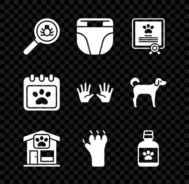Pire araması, köpek bezi, sertifika kedisi, evcil hayvan tımarı, pençe izi, köpek ilacı şişesi, takvim ve tıbbi kauçuk eldiven ikonu. Vektör