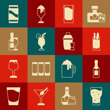 Bir bardak bira, şampanya şişesi, kokteyl Bloody Mary, shot bardağı ve bira kutusu ve sallama ikonu. Vektör