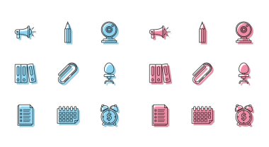 Satır dosyası, takvim, megafon, dolar sembollü alarm saati, ataç, ofis koltuğu, klasörler ve belgeler ve kalem simgesi ayarla. Vektör