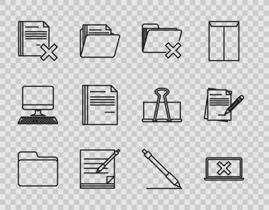 Satır Belge dizinini, dizüstü bilgisayarını ve çapraz işaretini ekranda, Sil, Boş defter kalemini, dosya belgesini, Dosya, Kalem satırını ve silgi simgesini ayarla. Vektör