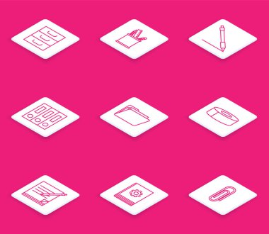 Satır Çekmecesi 'ni dokümanlar, kalem kutusu kırtasiyesi, satır, ofis klasörleri ve Belge, Scotch, Boş defter kalemi ve Kullanıcı elle simgesi ile ayarla. Vektör