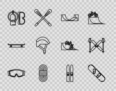 Kayak gözlükleri, snowboard, kaykay parkı, tırmanma halatı, dalış maskesi ve aqualung, bisiklet kaskı, çubuklar ve ikon. Vektör