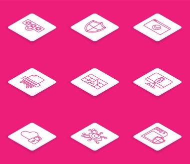 Hat şifresi ve güvenlik erişimini ayarla, SSL, Kağıt öğütücü gizliliği, Güvenlik duvarı, güvenlik duvarı, kilit bilgisayar ekranı, Bulut bilgisayar kilidi ve göz tarama simgesi. Vektör