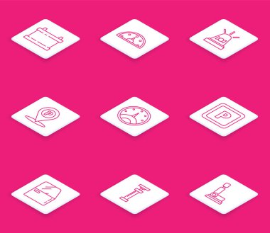 Hız göstergesi, park kapısı ve simgesi olan araba aküsü siren konumunu ayarlayın. Vektör.