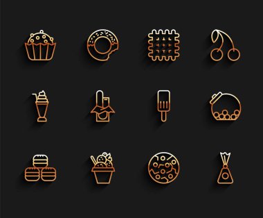 Çizgili makarna kurabiyesi, kasede dondurma, kek, kurabiye ya da bisküvi, şeker, çikolata, içinde şeker ve ikon olan cam kavanoz. Vektör