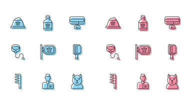 Köpek ve kedi için çizgi saç fırçası, veteriner doktor, evcil hayvan yemek kasesi, kedi, tımar, geri çekilebilir ip tasması ve köpek ilacı ikonu. Vektör