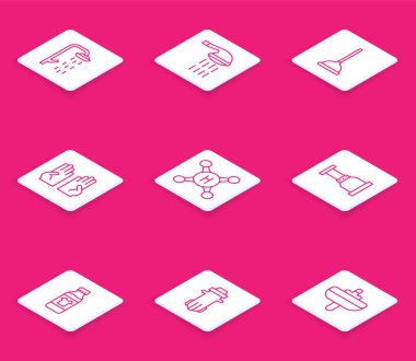 Duşları ayarla, lastik pompa, eldivenler, su musluğu, boru adaptörü, temizlik maddesi ve filtre simgesi için şişe. Vektör