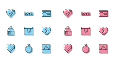 Candy 'yi kalp şeklinde bir kutuya, elmas nişan yüzüğüne, alışveriş çantasına, kırık düğün pastasına ve aşk mesajı ikonuna yerleştir. Vektör