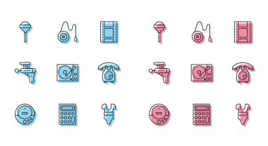 Satır cd çalar, Calculator, Lollipop, mayo, vinil, telefon, ışın tabancası ve Yoyo oyuncak ikonu. Vektör