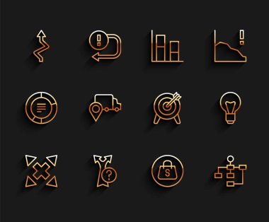 Satır belirle birçok yön oku, ok, alışveriş torbası Satış, hiyerarşi organizogramı şeması, teslimat takibi, ampul ve hedef ikonu. Vektör