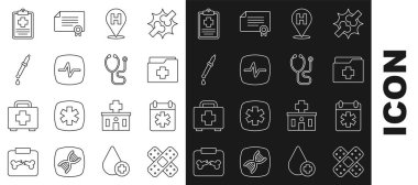 Bandaj bandı, doktor randevusu, hasta kaydı, konum hastanesi, kalp atış hızı, Pipette ve stetoskop ikonu. Vektör