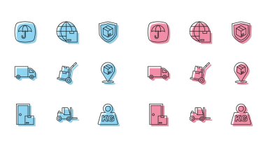 Hat hattı teslimat hizmetleri, forklift, şemsiyeli teslimat paketi, ağırlık, el ve kutular, konum kartonu, kargo ve dünya çapında nakliye ikonu. Vektör