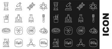 Hat sülfür dioksit SO2, radyoaktif, test tüpü, DNA sembolü, mikroskop, laboratuvar camı, eski kum saati ve simge. Vektör