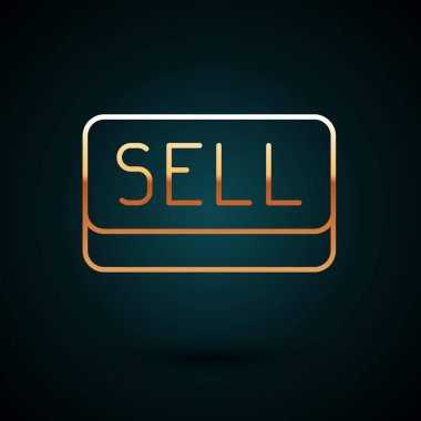 Altın çizgili satış düğmesi simgesi koyu mavi arkaplanda izole edildi. Finansal ve borsa yatırım konsepti. Vektör.
