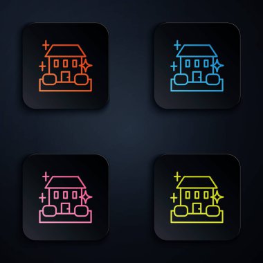 Renkli neon hattı ev temizlik hizmeti konsepti simgesi siyah arkaplanda izole edildi. Bina ve ev. Kare düğmelere simgeleri yerleştir. Vektör.
