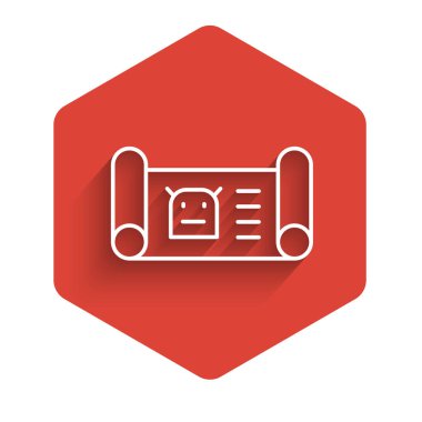 Beyaz Çizgili Robot taslak simgesi uzun gölgeli izole edilmiş. Kırmızı altıgen düğmesi. Vektör.